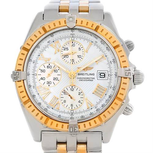The image shows a front view of the Breitling Windrider Chronomètre Crosswind watch with a silver and gold-tone bezel and bracelet.