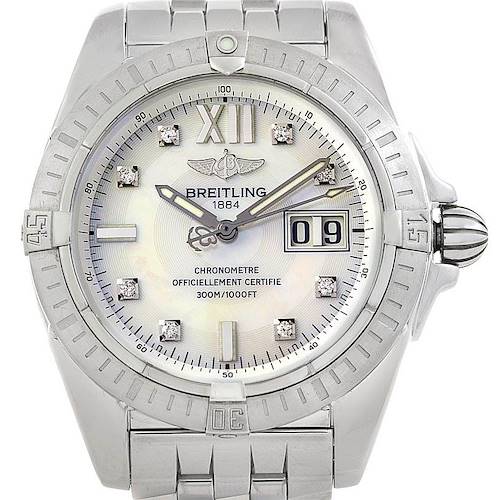 The image shows a frontal view of the Breitling Windrider watch, capturing the face, bezel, crown, and part of the bracelet.