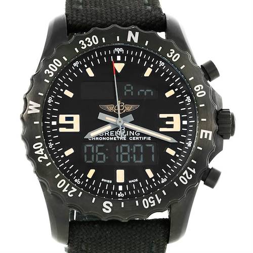 The image shows a frontal view of the Breitling Professional Series watch, displaying its face, bezel, strap, and digital displays.