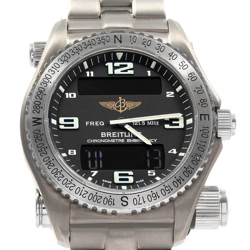 The image shows a front view of a Breitling Professional Series Chronometre Emergency watch with a stainless steel case and digital display.