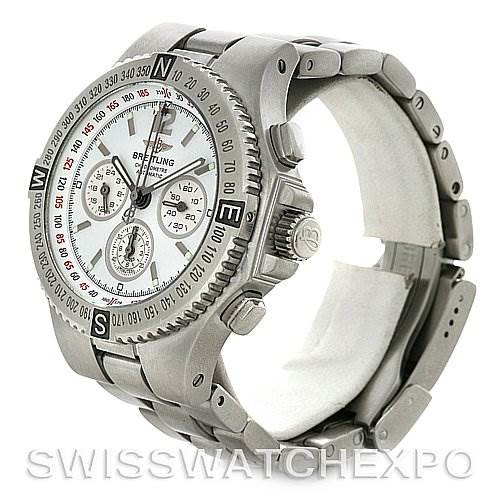 The image shows a side angle of a Breitling Professional Series watch, highlighting the face, bezel, crown, and part of the bracelet.