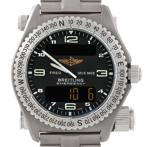 The image shows a front view of the Breitling Professional Series Emergency watch, highlighting its dial, bezel, and digital display.