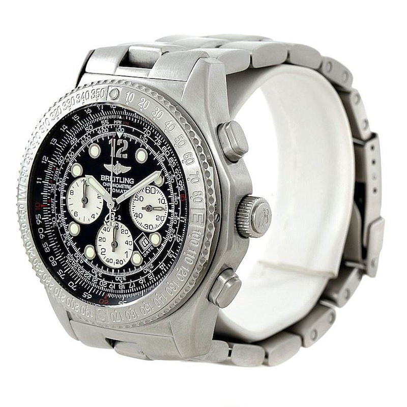 The Breitling Professional Series watch is shown at a three-quarter angle, displaying its face, bezel, and stainless steel band.