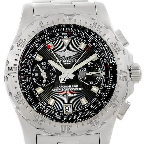 The image shows a frontal view of the Breitling Professional Series watch, highlighting its dial, bezel, chronograph subdials, and bracelet.