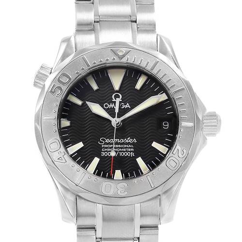 The image shows a front view of the Omega Seamaster watch, highlighting its dial, bezel, bracelet, and crown.