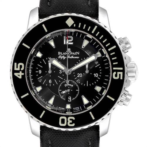 This image shows a front view of a Blancpain Fifty Fathoms watch, highlighting its dial, bezel, and chronograph subdials.