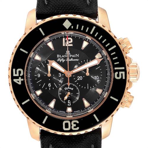 The image shows a frontal view of the Blancpain Fifty Fathoms watch, displaying the bezel, dial, hands, and crown.