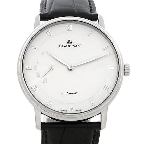 The image shows a front view of the Blancpain Villeret watch, featuring its face, crown, and a black leather strap.