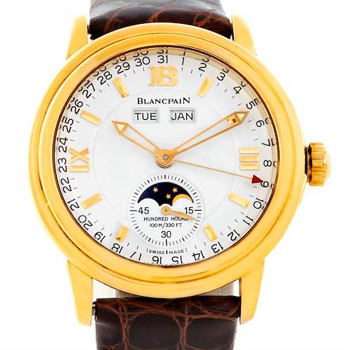 This image shows a front view of the Blancpain 18K Yellow Gold Complete Calendar Watch model 2763-1418A-53.