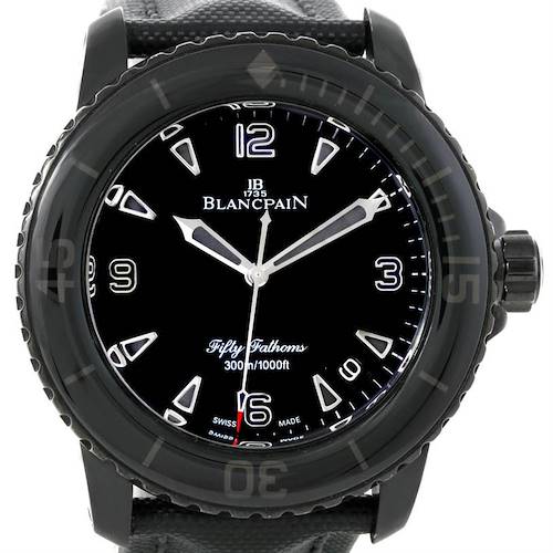 The image shows a front view of the Blancpain Fifty Fathoms watch, displaying its face, hands, and bezel.