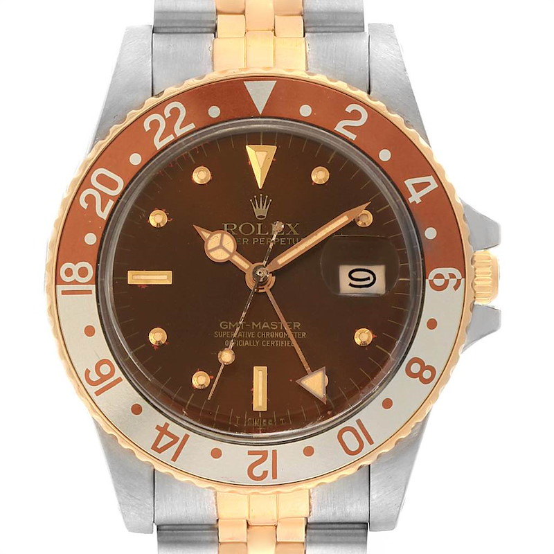 The image shows a frontal view of the Rolex Vintage Collection GMT-Master watch, highlighting its bezel, dial, and bracelet.