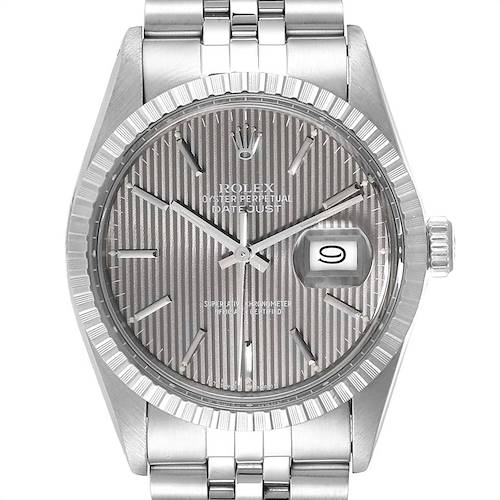 The image shows a frontal view of the Rolex Vintage Collection Datejust watch, highlighting the dial, bezel, and bracelet.
