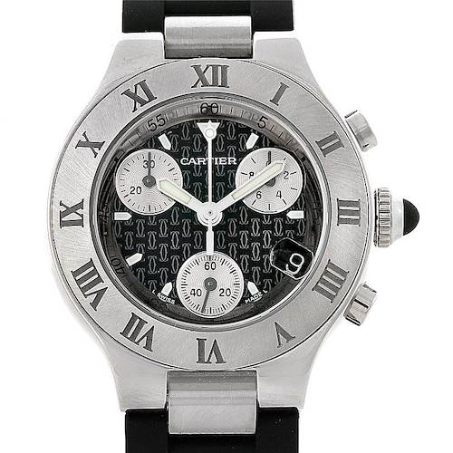 The image shows a front view of the Cartier Must 21 watch, highlighting its dial, bezel, chronograph subdials, and crown.