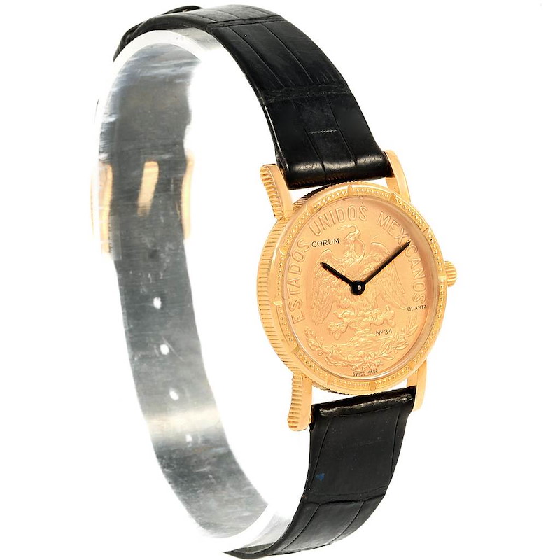 The image shows a Corum Yellow Gold 10 Pesos Coin Year 1959 Diamond Ladies Watch from a left-side angle, highlighting the dial and strap.