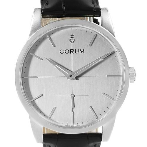 The image shows a front view of the Corum Heritage watch, highlighting its dial, case, hands, and part of the strap.