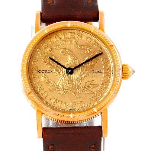 This image shows the front view of a Corum Vintage Ladies 18K Yellow Gold 5 Dollars Coin Watch with a leather strap.