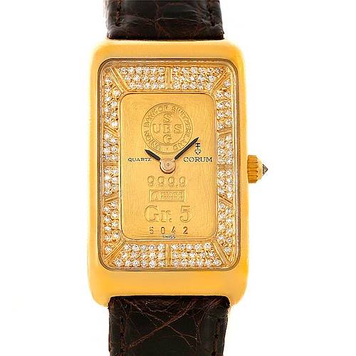 The image shows a front view of the Corum 18K Yellow Gold Diamond 5 Gram Ingot 999.9 watch with a rectangular face and diamond accents.
