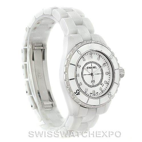 The image shows a front and side view of the Chanel J12 White Ceramic Diamonds Quartz Ladies Watch H2422, highlighting its bracelet and dial.