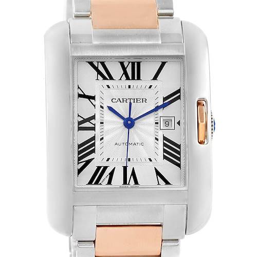 This image shows a close-up frontal view of the Cartier Tank Anglaise watch face and part of its metal bracelet.