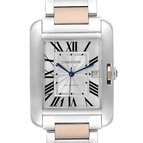 This image shows a front view of the Cartier Tank Anglaise watch, highlighting the dial, bezel, bracelet, and crown.