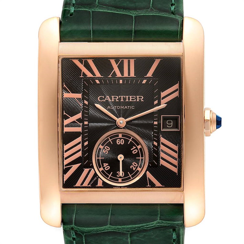The image shows a Cartier Tank MC watch from a front angle, highlighting its dial, case, hands, and date window.