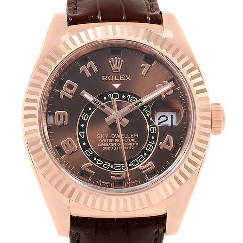 The image shows a front view of the Rolex Sky-Dweller watch with a brown dial, fluted bezel, and brown leather strap.