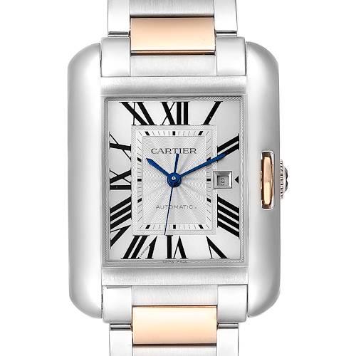 The image shows a front view of the Cartier Tank Anglaise watch, highlighting its rectangular face, roman numerals, and metal strap.