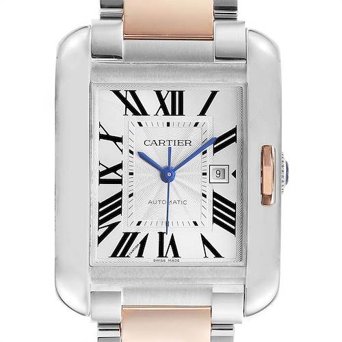 A front view of a Cartier Tank Anglaise watch, showcasing its rectangular face, Roman numerals, blue hands, date window, and two-tone band.