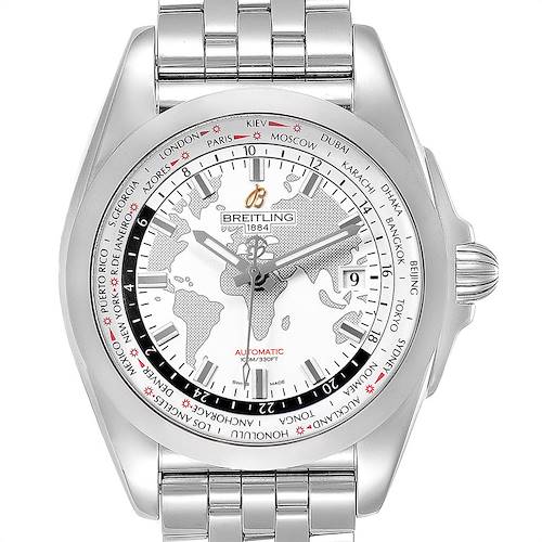 The image shows a frontal view of the Breitling Galactic model watch, highlighting its face, bezel, and bracelet.
