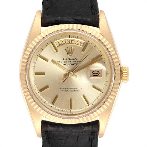 This image shows a front view of the Rolex President watch, highlighting the dial, hands, crown, and part of the strap.