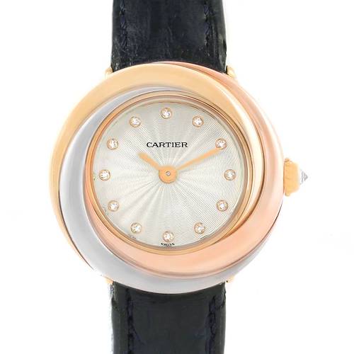 The image shows a front view of the Cartier Trinity model watch, highlighting its dial, bezel, and strap.