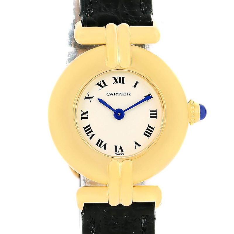 This image shows a front view of a Cartier Colisee watch, highlighting its gold bezel, white dial with Roman numerals, and black leather strap.