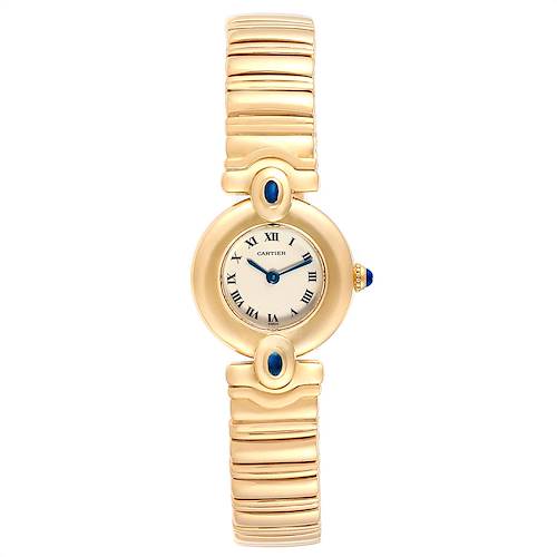 The image shows a front view of the Cartier Colisee watch, highlighting its gold band and blue accents.