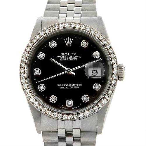 This image shows a front view of a Rolex Datejust watch, displaying its black dial, diamond hour markers, date window, and bracelet.