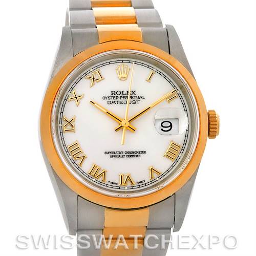The Rolex Datejust watch is shown from a front angle, highlighting its face, bezel, and part of the bracelet.