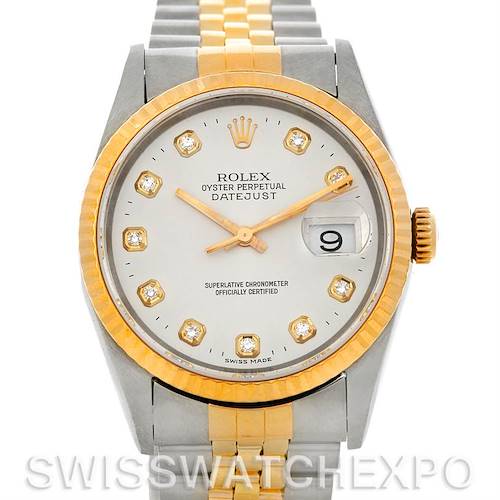 The image shows a front view of a Rolex Datejust watch, highlighting the dial, bezel, crown, and part of the bracelet.