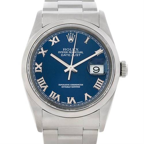 This photo of the Rolex Datejust watch shows a close-up view of the dial, bezel, crown, and part of the bracelet.