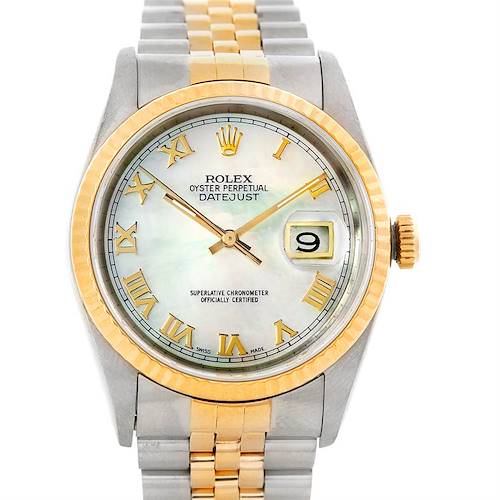 The image shows a front view of a Rolex Datejust watch, highlighting its dial, bezel, and two-tone bracelet.