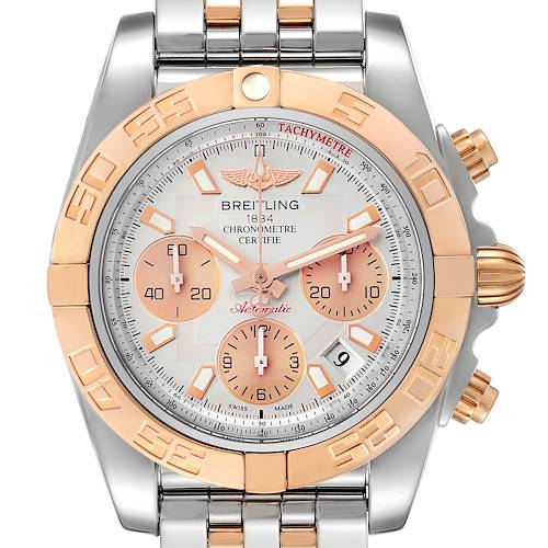 The image shows a front view of a Breitling Chronomat watch, highlighting the dial, bezel, crown, and bracelet.