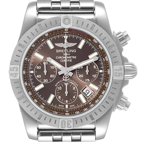 The image shows a front view of a Breitling Chronomat watch, displaying its dial, bezel, chronograph subdials, and metal bracelet.