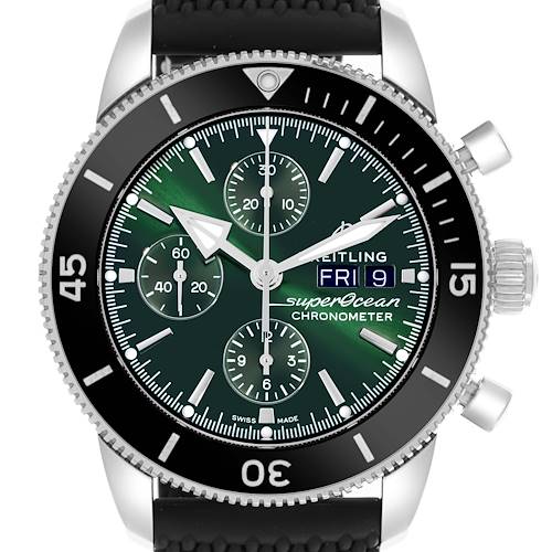 The image shows a front view of a Breitling Superocean watch, highlighting the bezel, dial, and chronograph features.