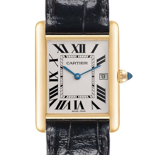 The Cartier Tank Louis watch is shown from a front angle, featuring its face, Roman numerals, blue hands, and leather strap.