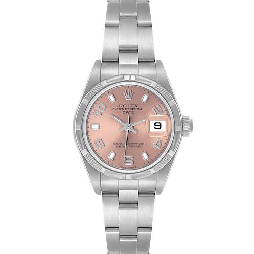 The Rolex Date watch is shown from the front, highlighting the dial, case, bracelet, and date window.