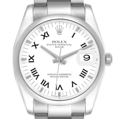 The Rolex Date watch is shown from a front angle, displaying the dial, bezel, crown, and part of the bracelet.