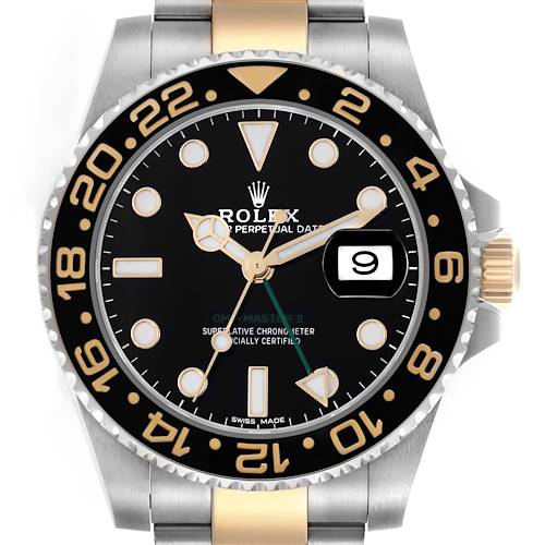 The Rolex GMT-Master watch is shown from a front view, highlighting the dial, bezel, hands, and part of the bracelet.