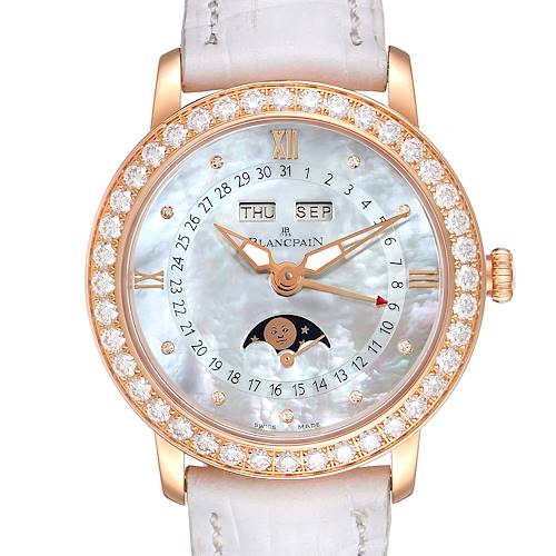 The image shows a front view of the Blancpain Quantieme Complet 18k Rose Gold Diamond Watch 3663-2954-55B, displaying its dial, hands, and bezel.