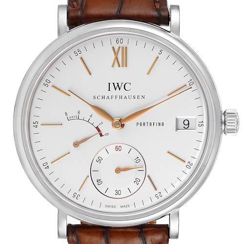 The IWC Portofino watch is shown from a front angle, displaying the dial, hands, subdials, and date window.