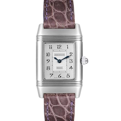 The image shows a front view of the Jaeger LeCoultre Reverso watch, highlighting its rectangular face and leather strap.