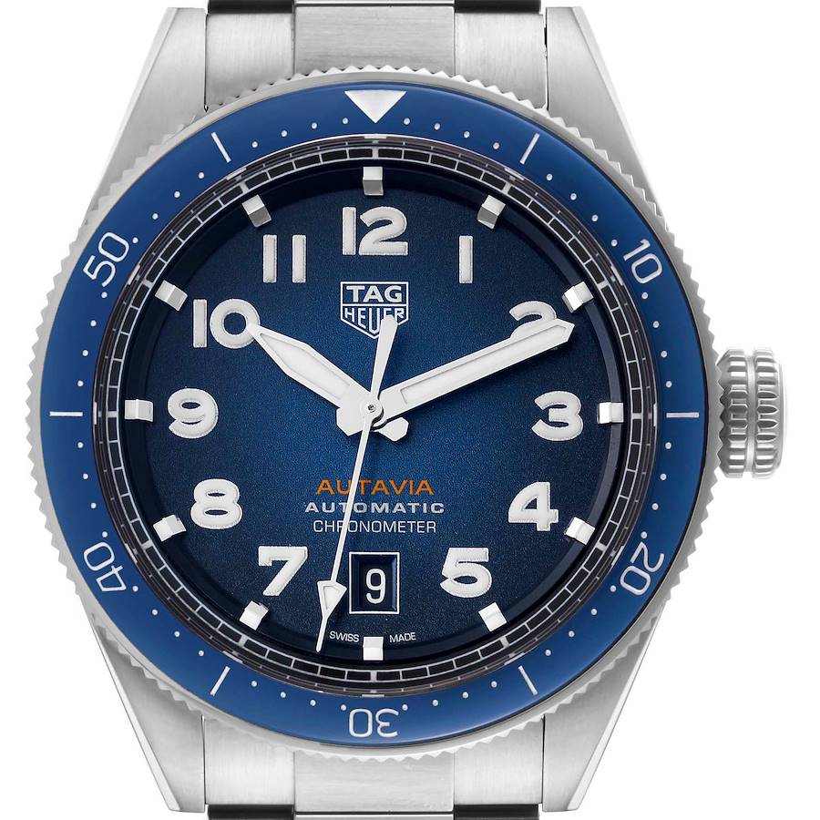 The Tag Heuer Autavia watch is shown from a front angle, displaying the face, bezel, and part of the bracelet.