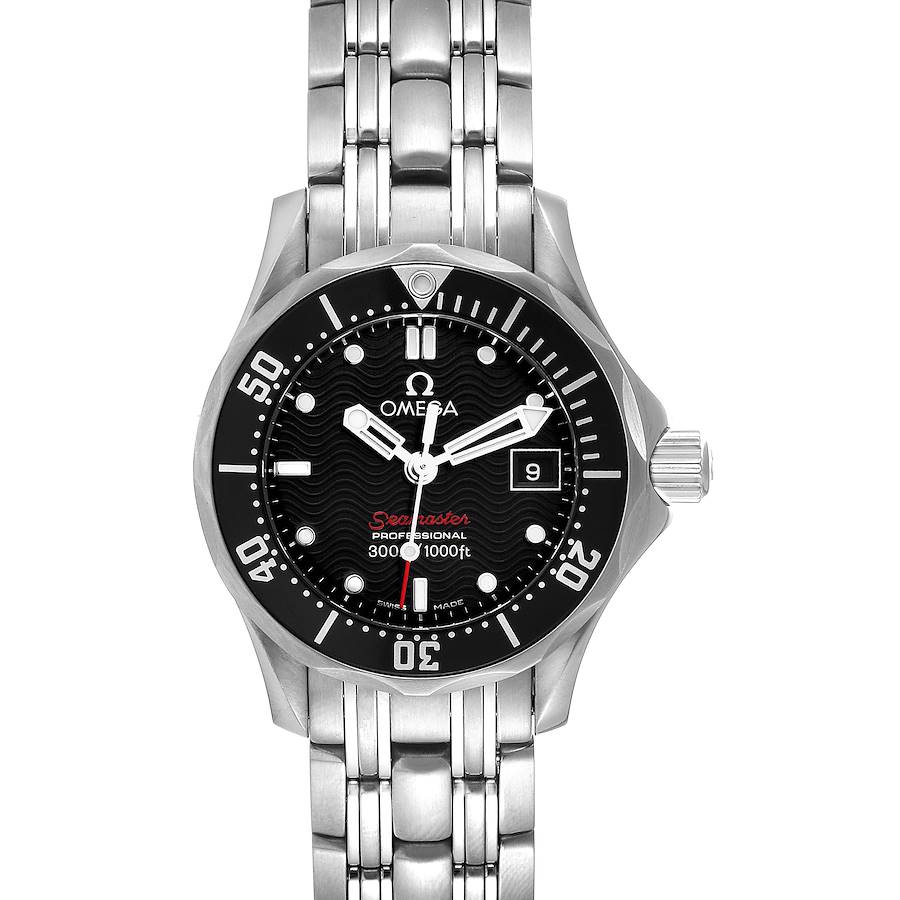 The image shows a front view of the Omega Seamaster Diver 300M 28mm Quartz Ladies Watch 212.30.28.61.01.001, displaying the dial and bracelet.